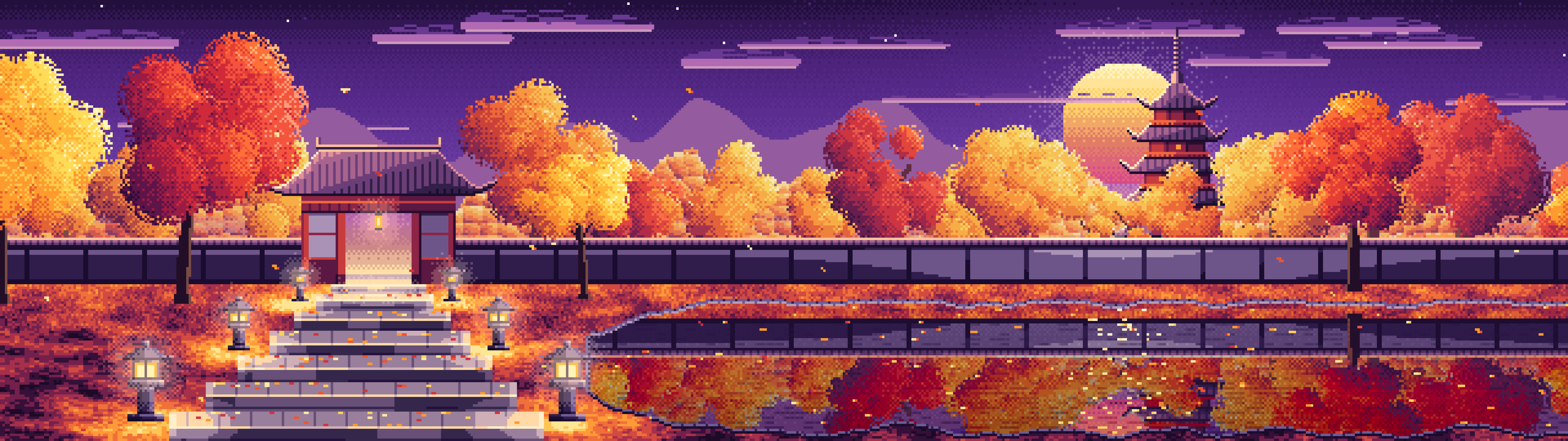 Dark Purple Pixel Art Fall Japanese Temple dual monitor wallpaper, 7680 × 2160