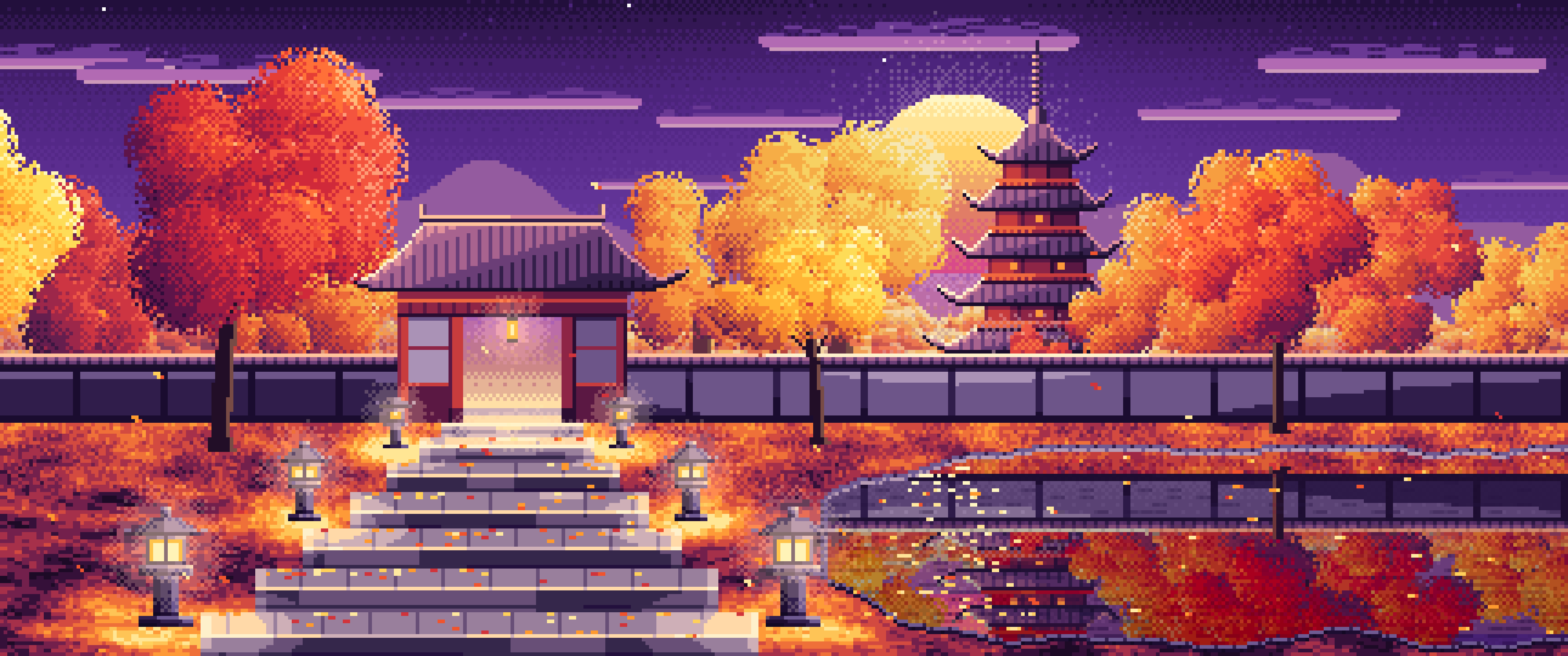 Dark Purple Pixel Art Fall Japanese Temple ultrawide wallpaper, 3440 × 1440