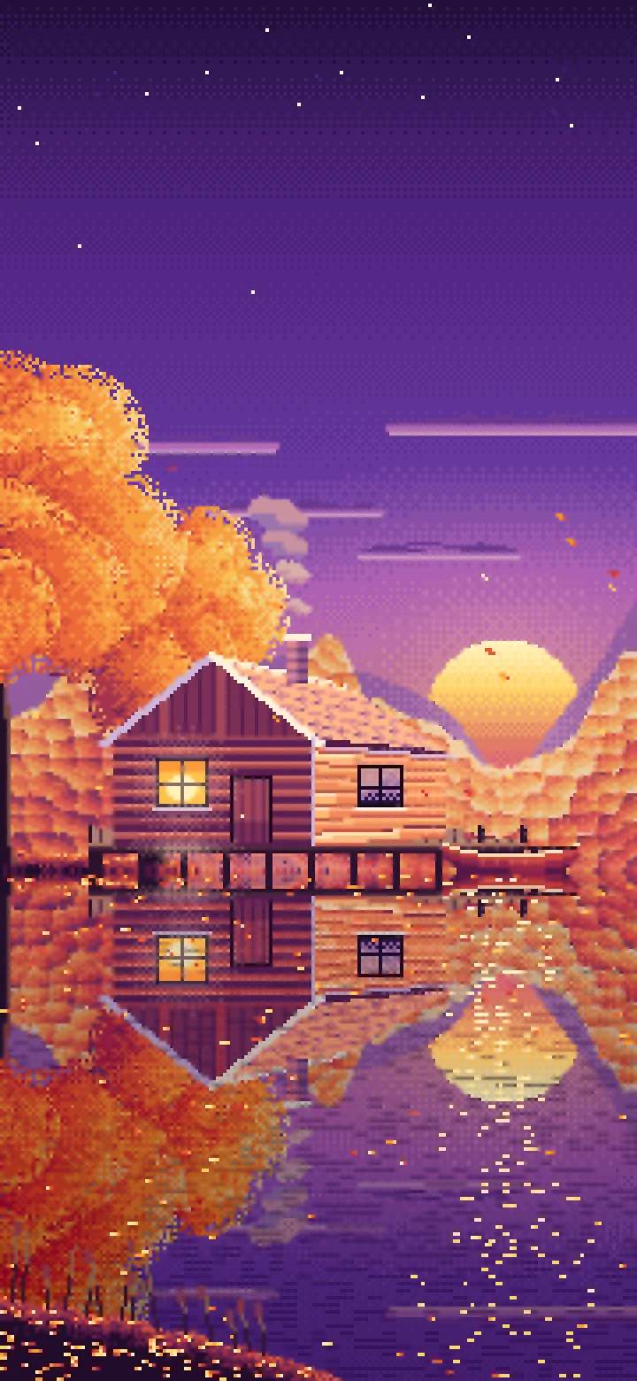 Dark Purple Pixel Art Fall Lake Cabin at Sunset wallpaper for iPhone and Android