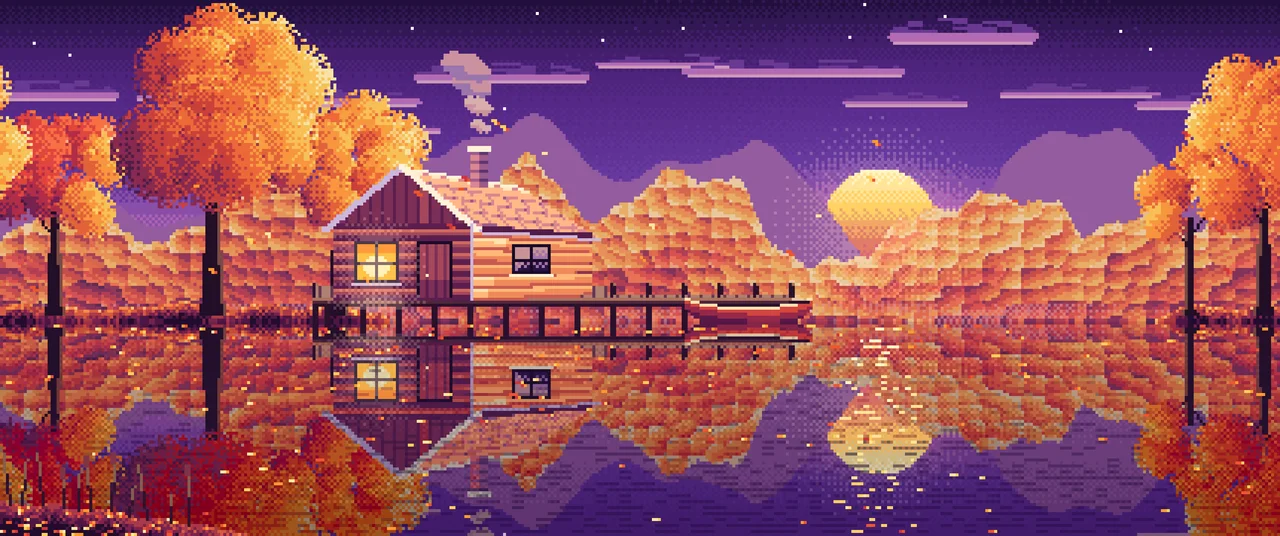 Dark Purple Pixel Art Fall Lake Cabin at Sunset ultrawide wallpaper, 3440 × 1440