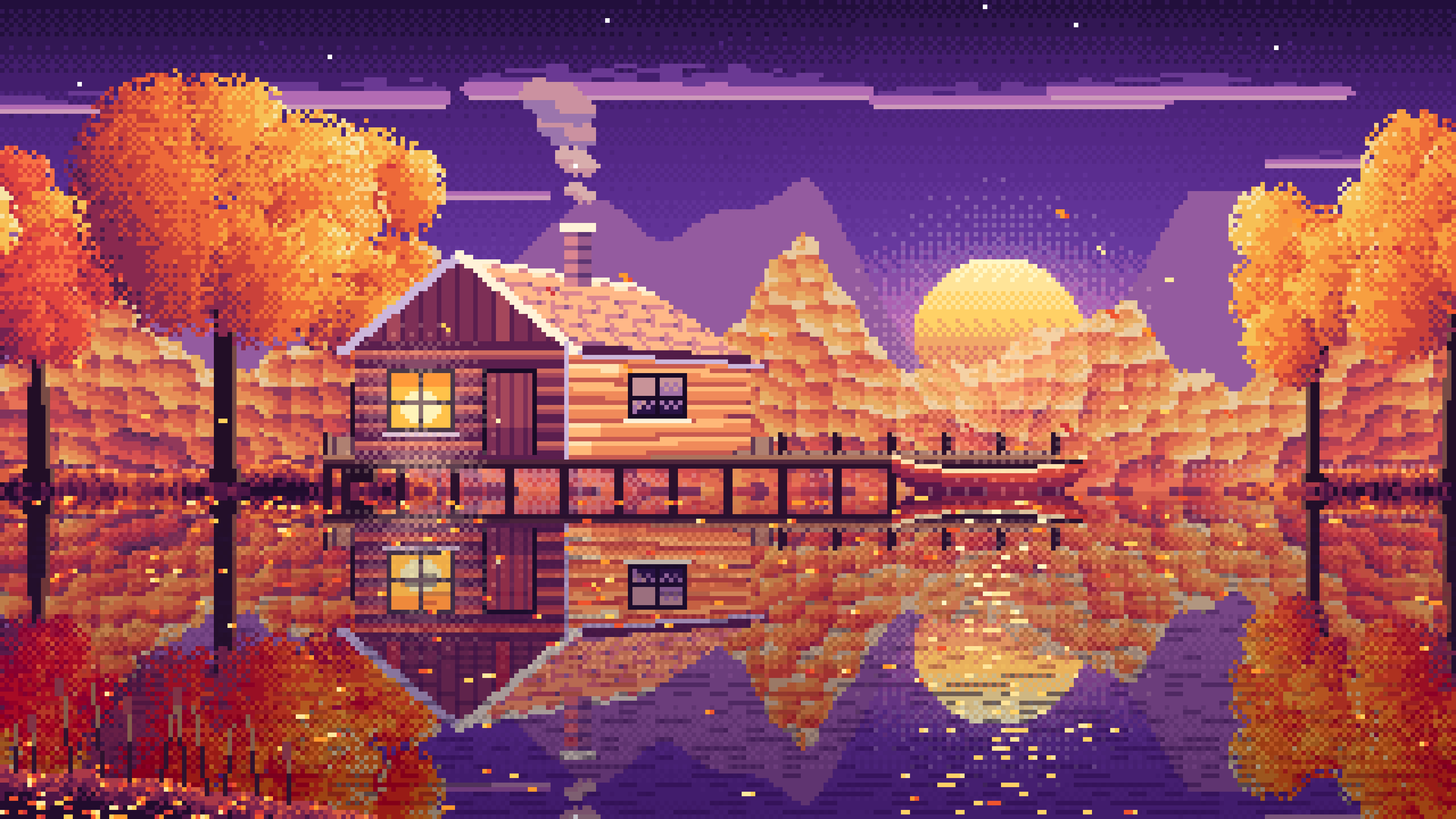 Dark Purple Pixel Art Fall Lake Cabin at Sunset desktop wallpaper in 4K