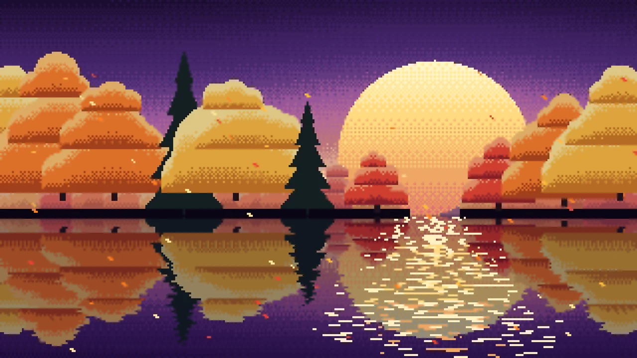 Dark Purple Pixel Art Fall Lake desktop wallpaper in 4K