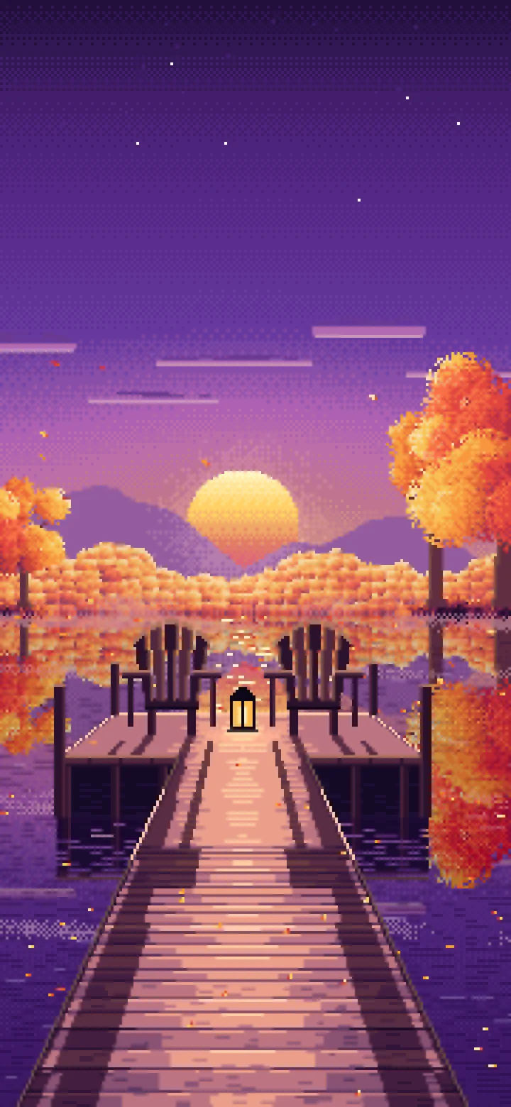 Dark Purple Pixel Art Fall Lake Pier at Sunrise wallpaper for iPhone and Android