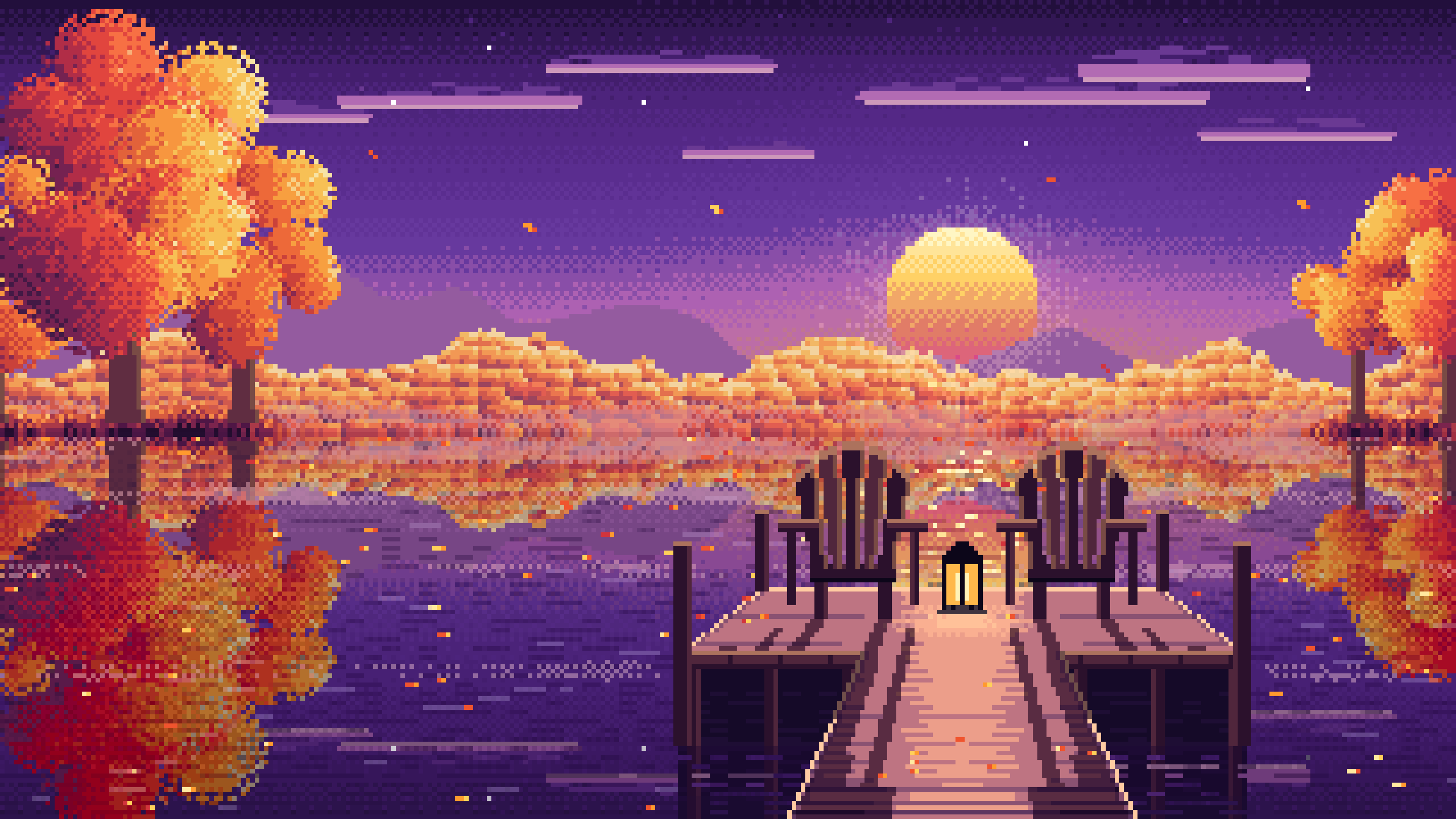 Dark Purple Pixel Art Fall Lake Pier at Sunrise desktop wallpaper in 4K