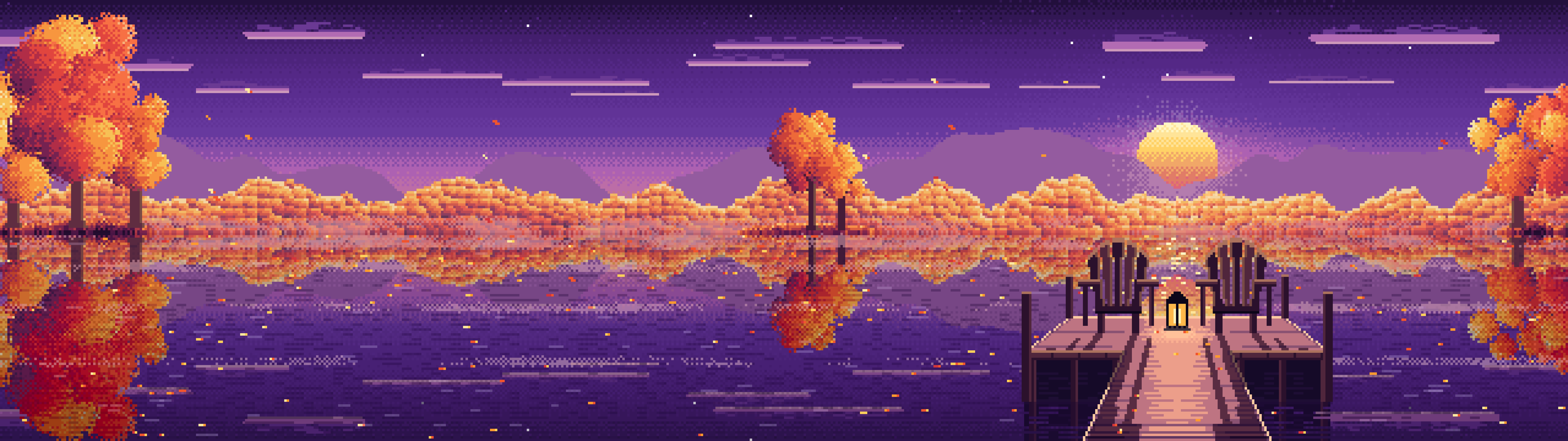 Dark Purple Pixel Art Fall Lake Pier at Sunrise dual monitor wallpaper, 7680 × 2160