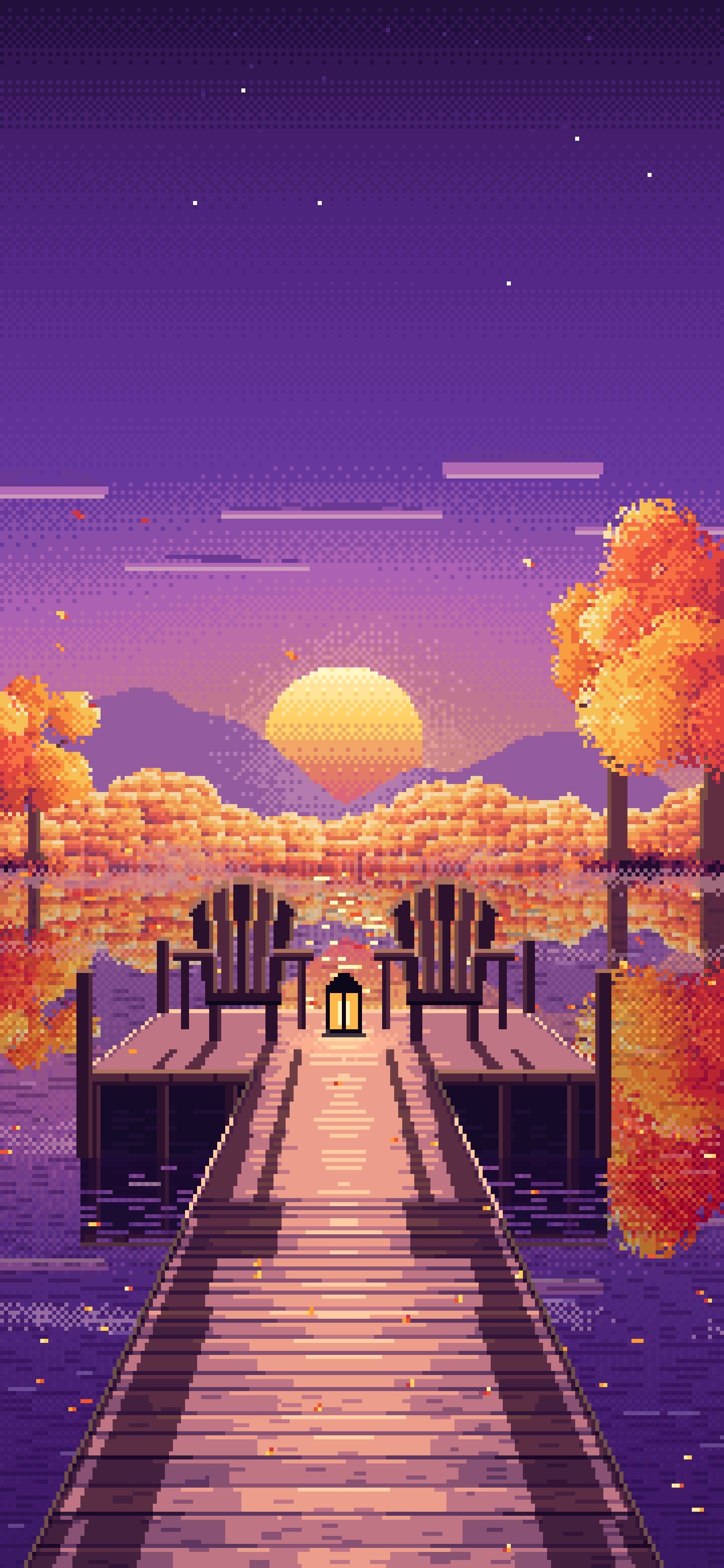 Dark Purple Pixel Art Fall Lake Pier at Sunrise wallpaper for iPhone and Android