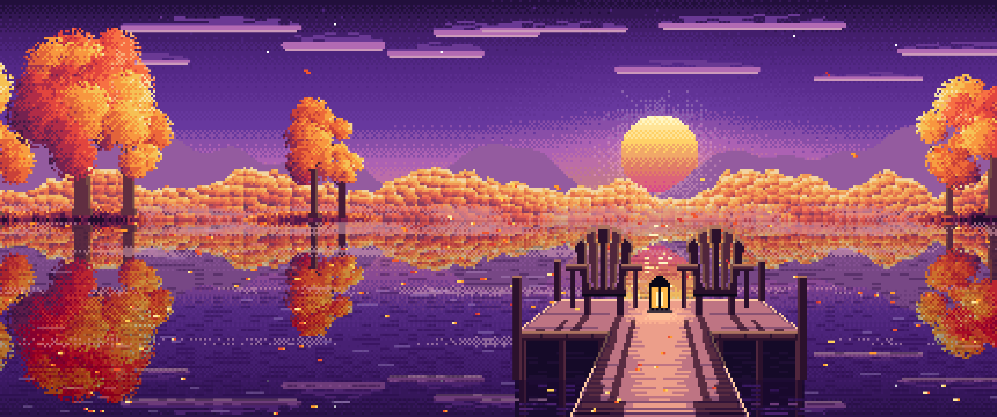 Dark Purple Pixel Art Fall Lake Pier at Sunrise ultrawide wallpaper, 3440 × 1440