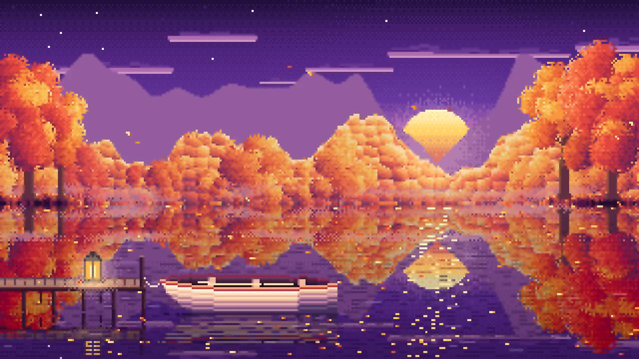 Dark Purple Pixel Art Fall Lake Rowboat desktop wallpaper in 4K