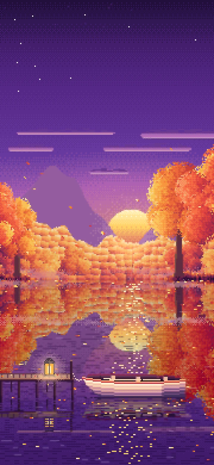 Dark Purple Pixel Art Fall Lake Rowboat wallpaper for iPhone and Android