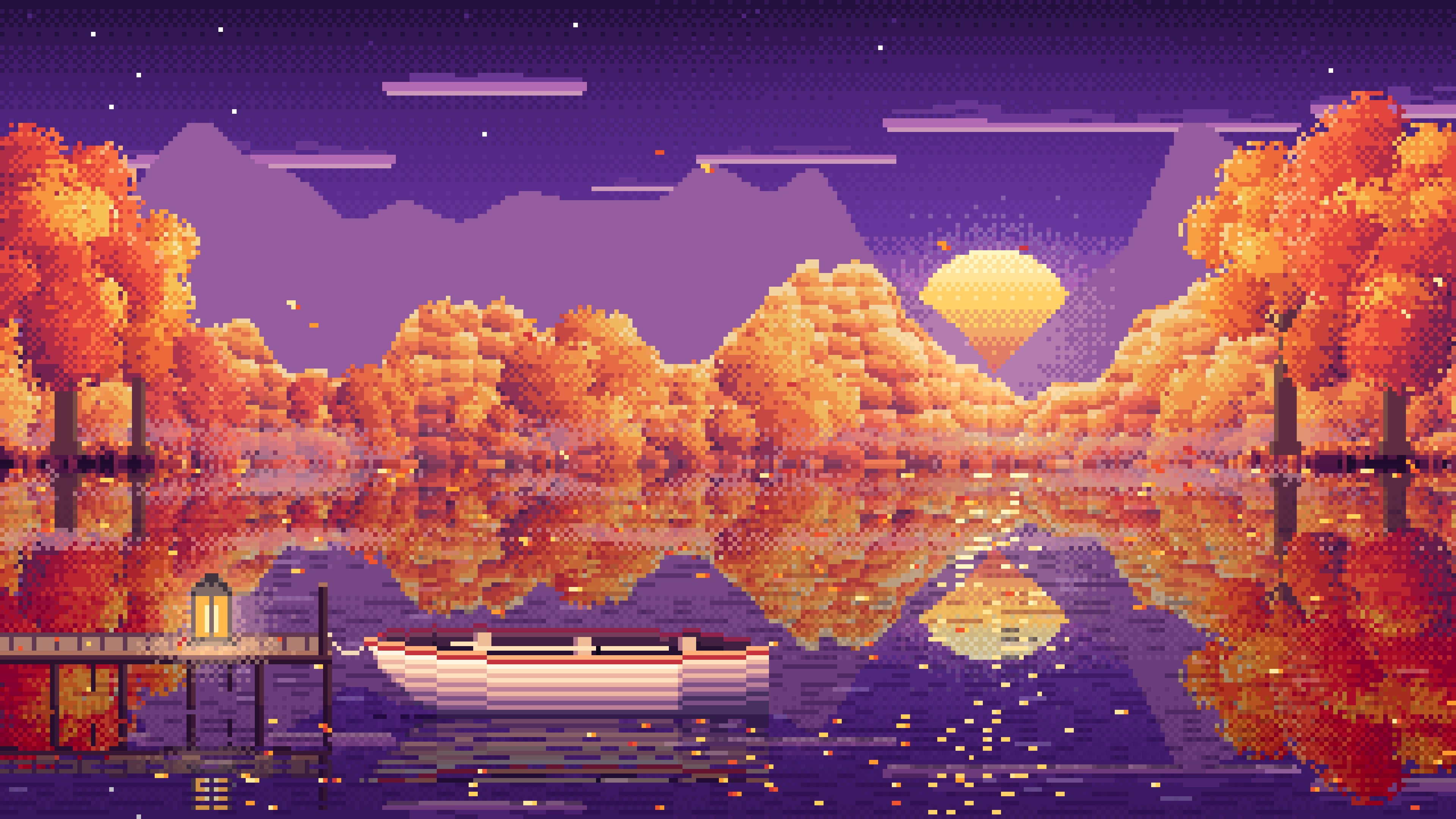 Dark Purple Pixel Art Fall Lake Rowboat desktop wallpaper in 4K