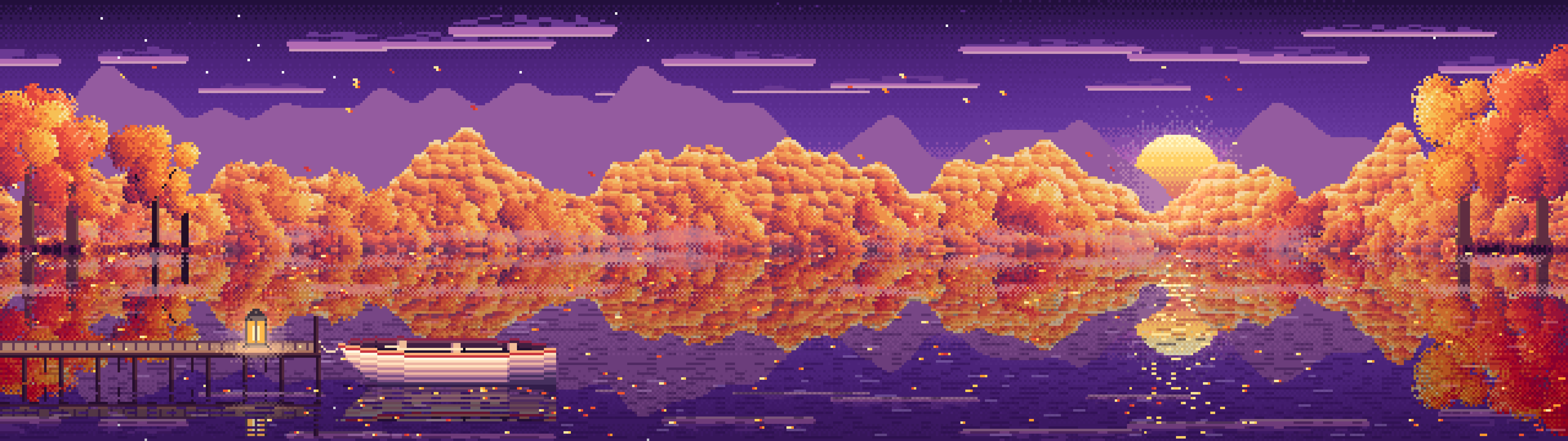 Dark Purple Pixel Art Fall Lake Rowboat dual monitor wallpaper, 7680 × 2160