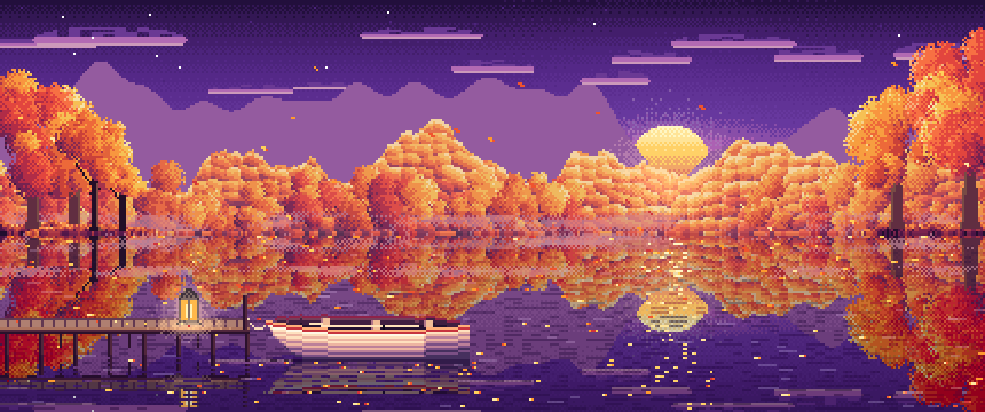 Dark Purple Pixel Art Fall Lake Rowboat ultrawide wallpaper, 3440 × 1440