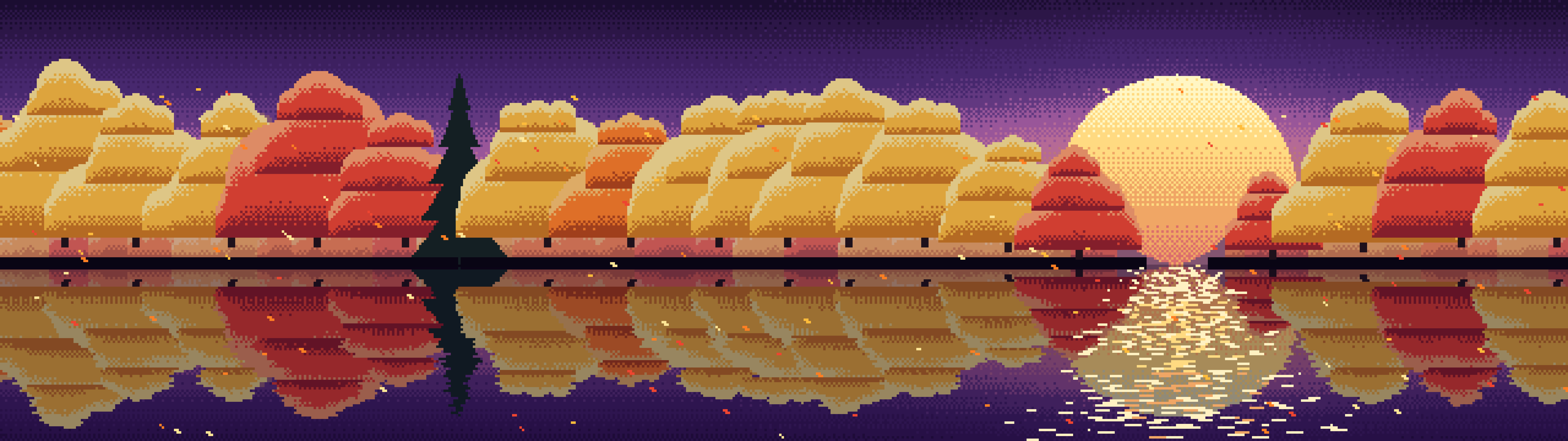 Dark Purple Pixel Art Fall Lake dual monitor wallpaper, 7680 × 2160