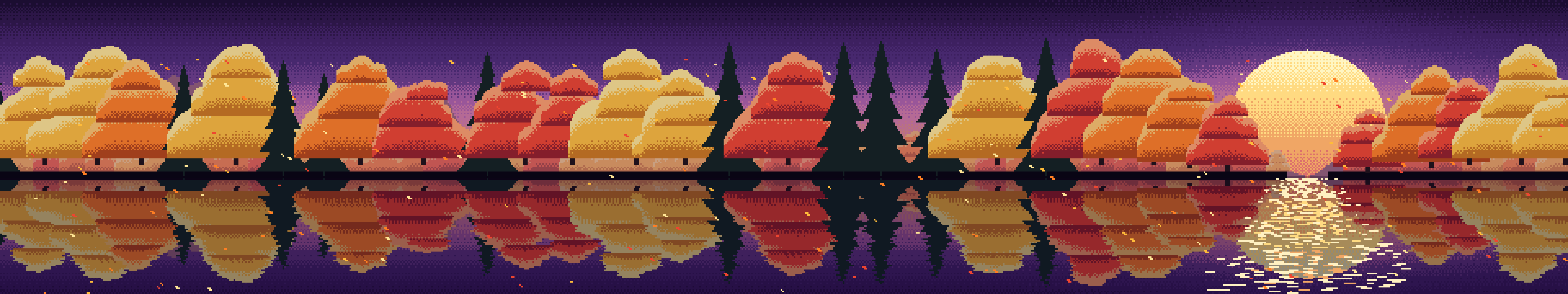 Dark Purple Pixel Art Fall Lake triple monitor wallpaper, 7680 × 1440