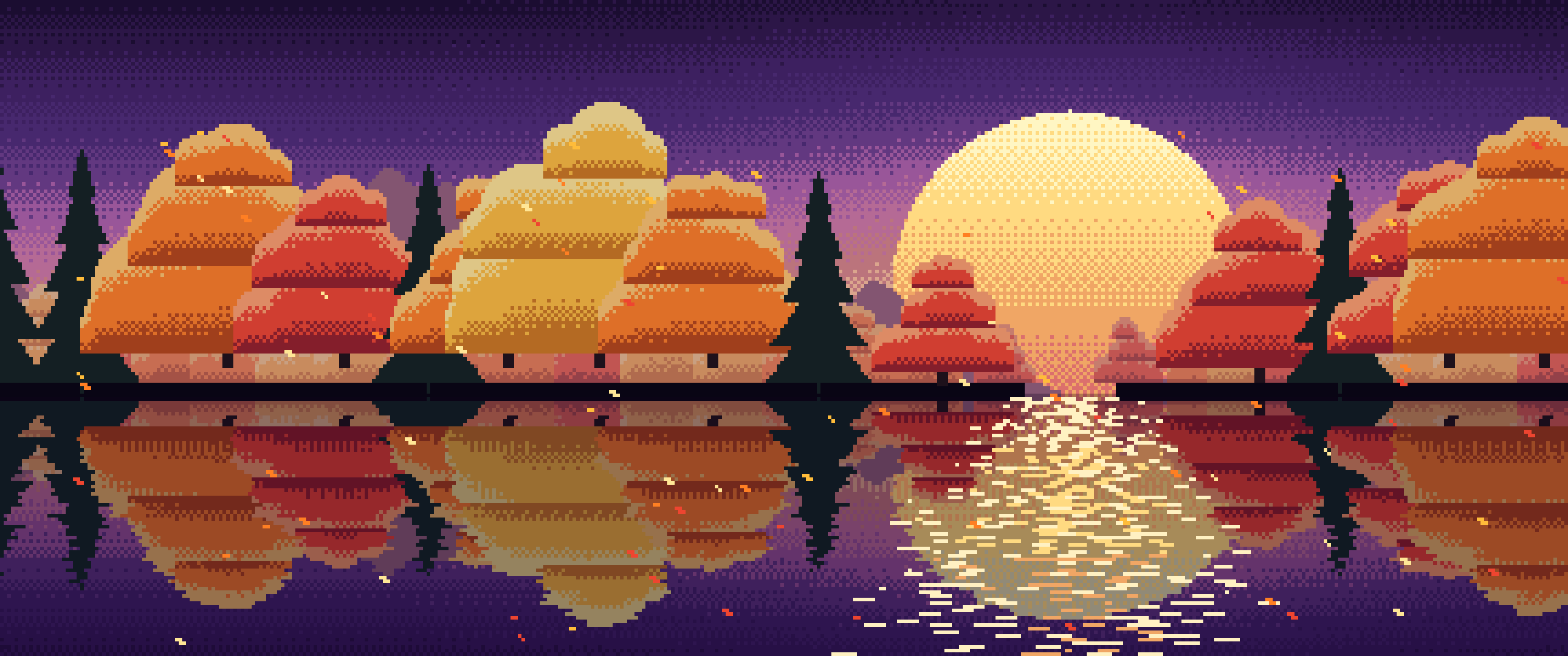 Dark Purple Pixel Art Fall Lake ultrawide wallpaper, 3440 × 1440