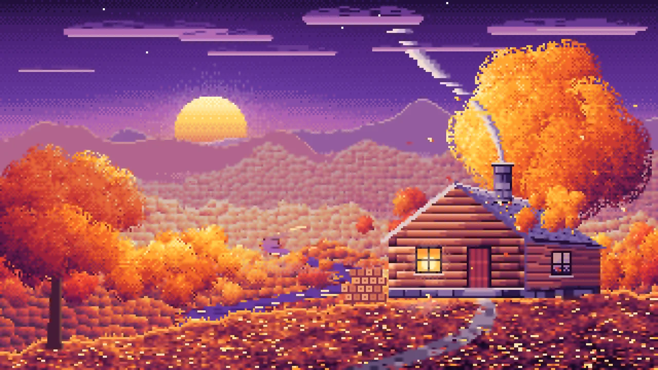 Dark Purple Pixel Art Fall Log Cabin above a Valley desktop wallpaper in 4K