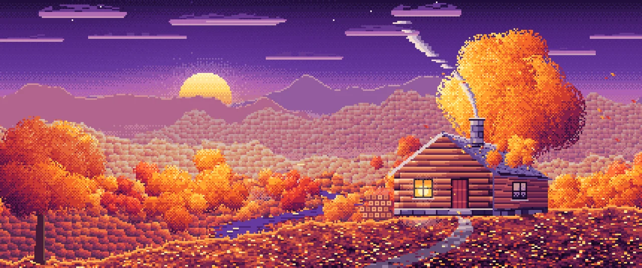 Dark Purple Pixel Art Fall Log Cabin above a Valley ultrawide wallpaper, 3440 × 1440