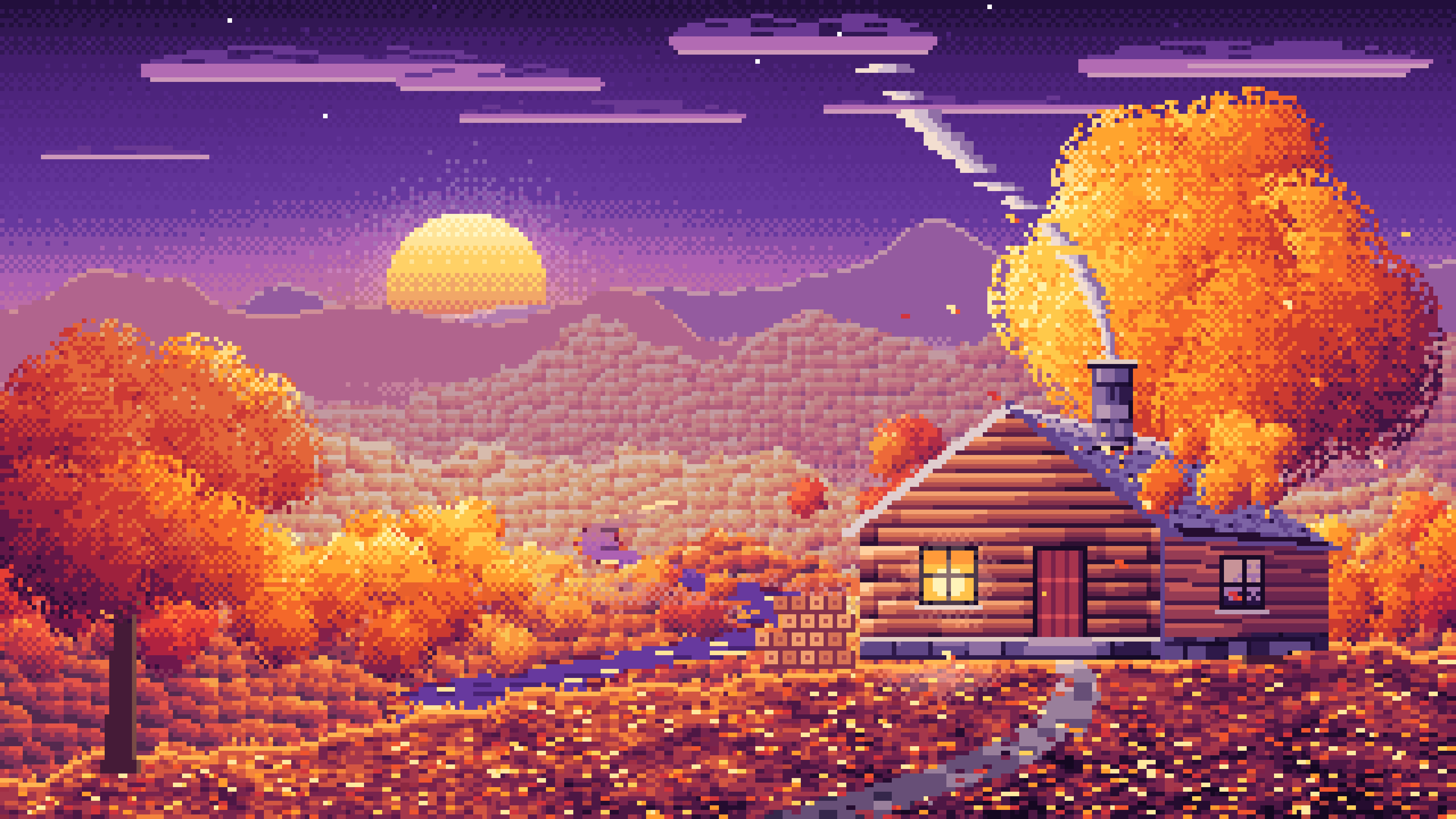 Dark Purple Pixel Art Fall Log Cabin above a Valley desktop wallpaper in 4K