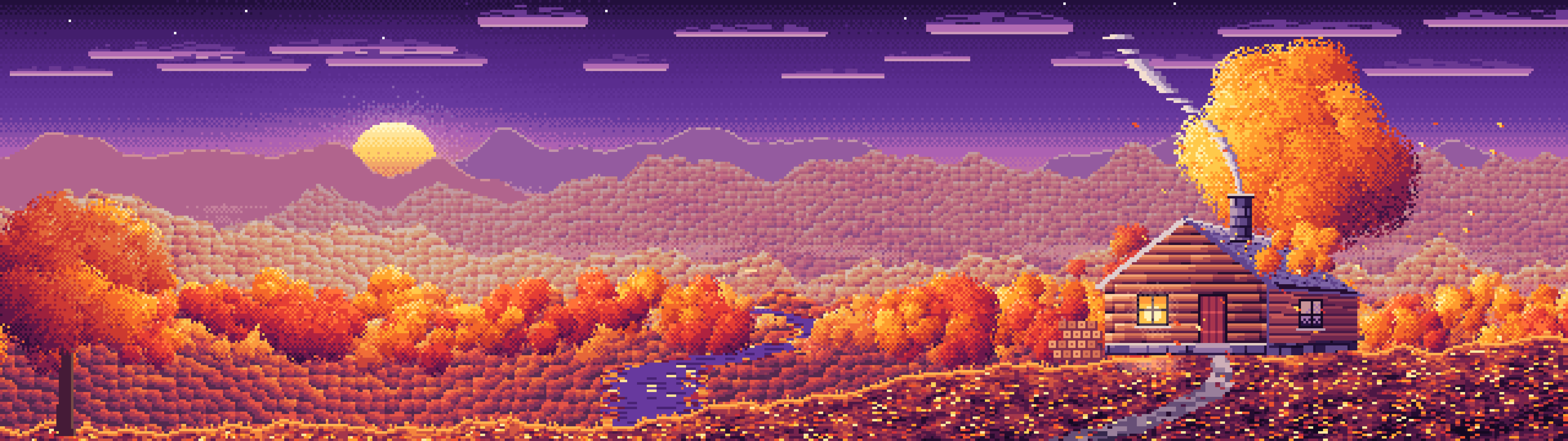 Dark Purple Pixel Art Fall Log Cabin above a Valley dual monitor wallpaper, 7680 × 2160