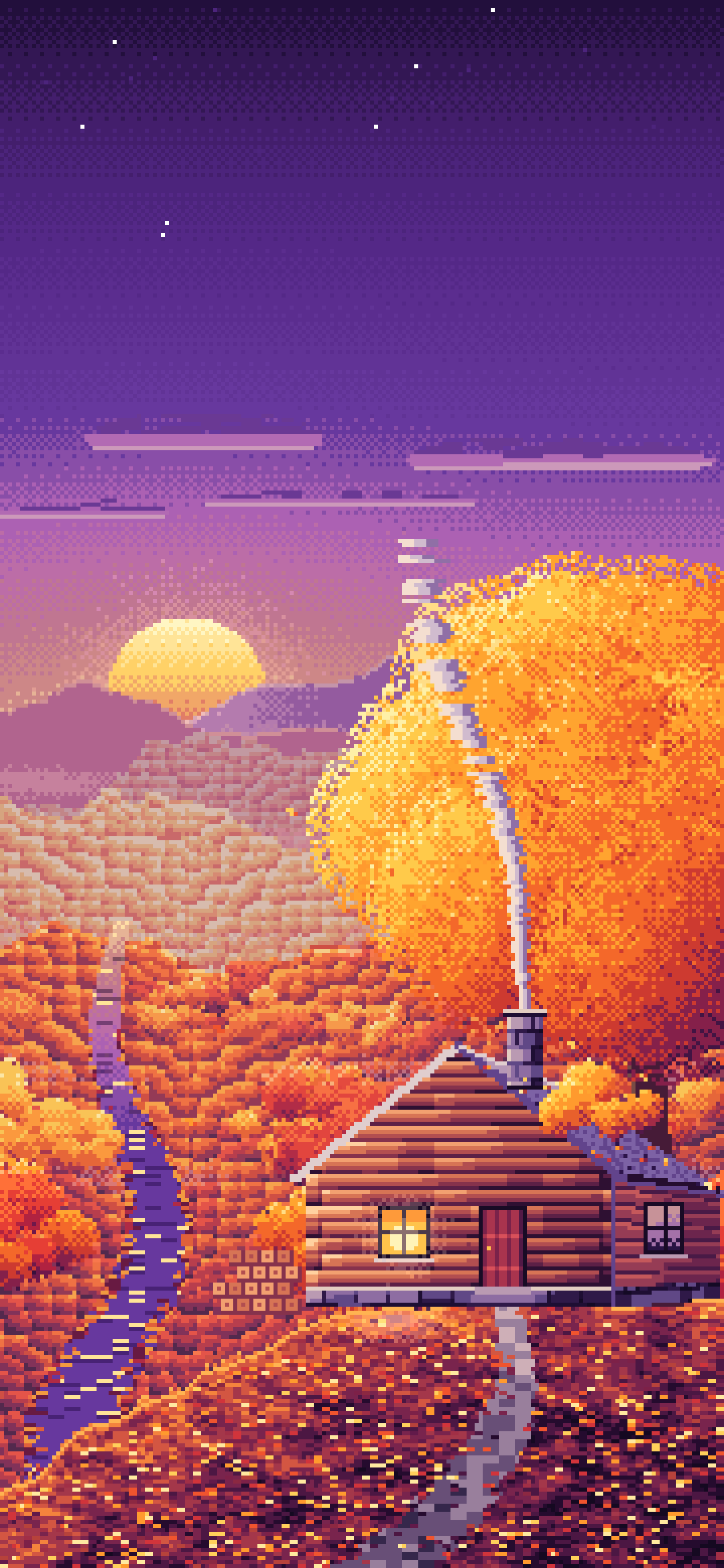 Dark Purple Pixel Art Fall Log Cabin above a Valley wallpaper for iPhone and Android