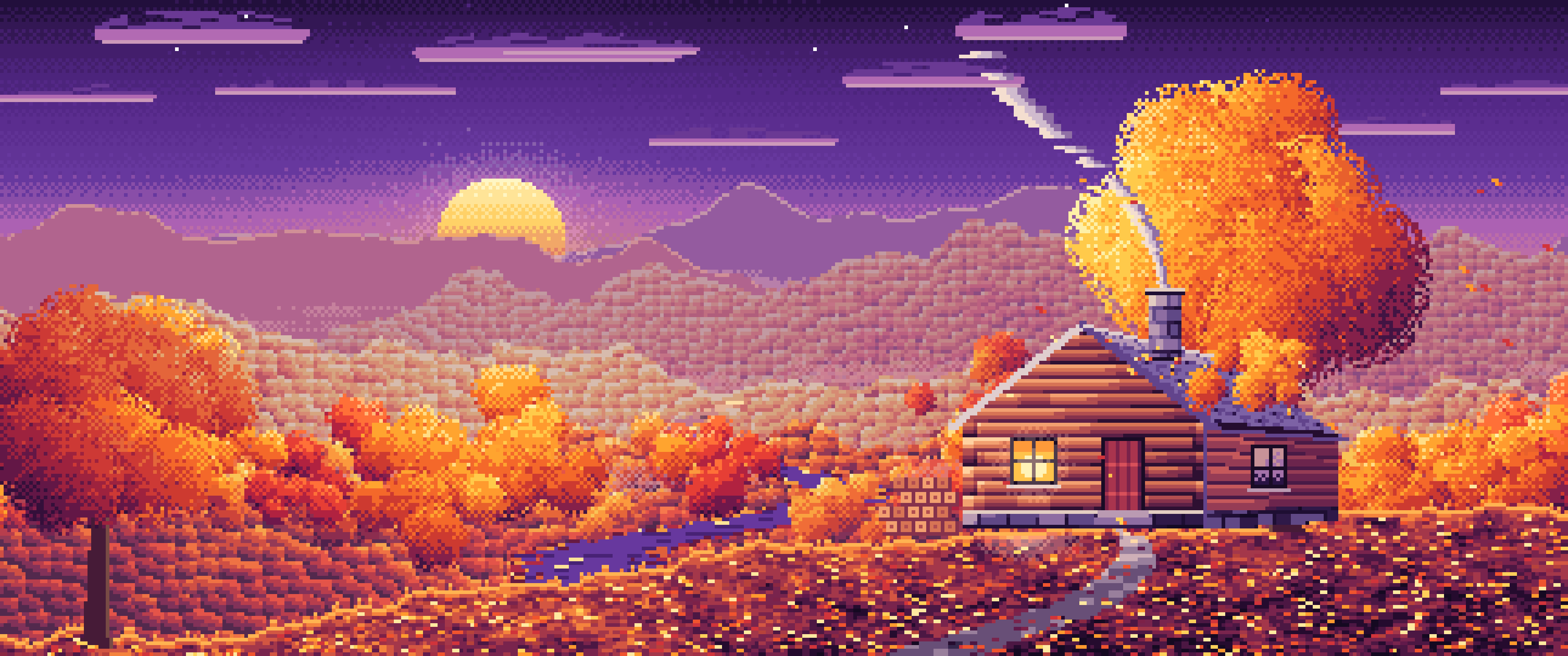 Dark Purple Pixel Art Fall Log Cabin above a Valley ultrawide wallpaper, 3440 × 1440