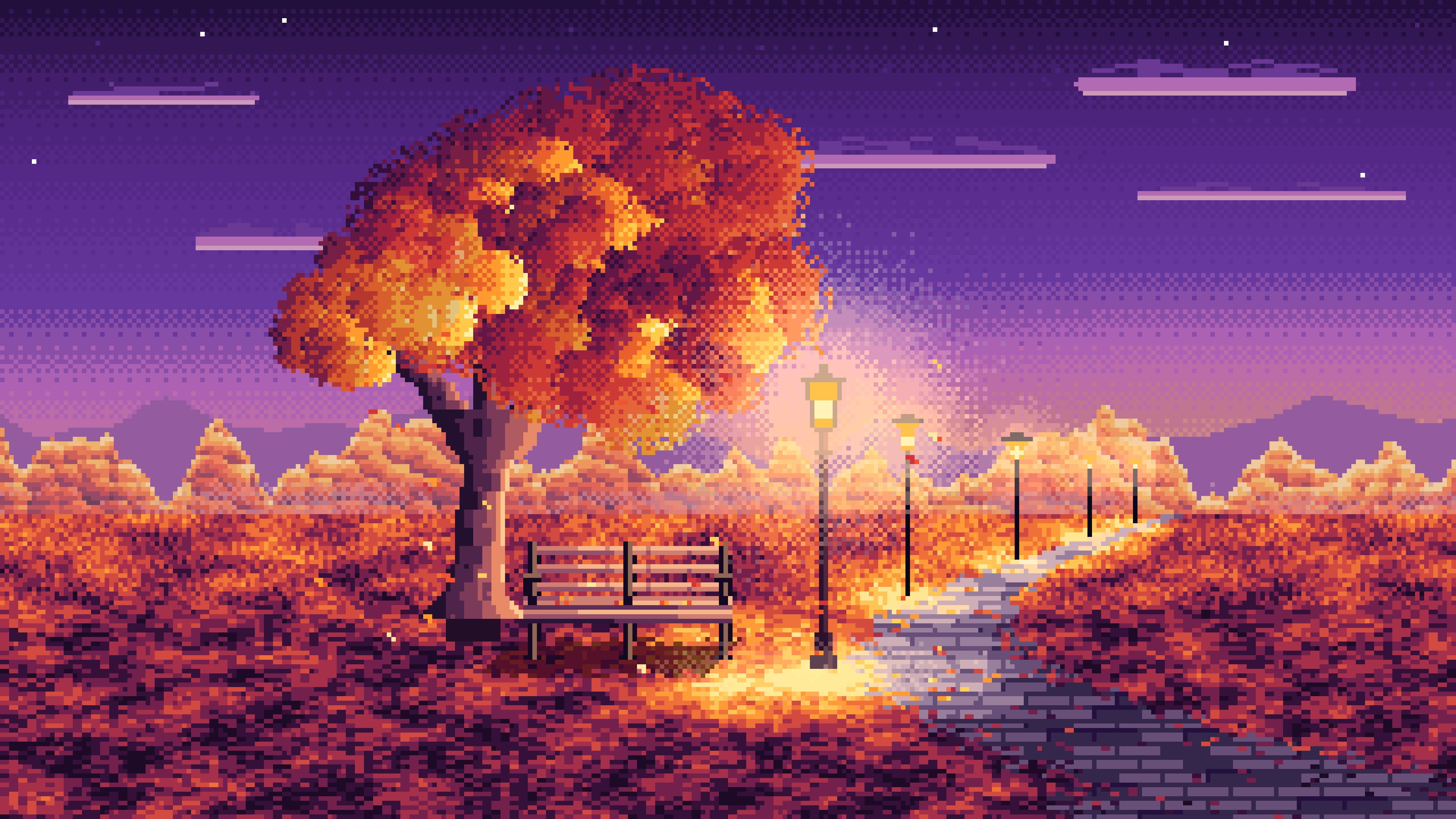 Dark Purple Pixel Art Fall Park Bench desktop wallpaper in 4K