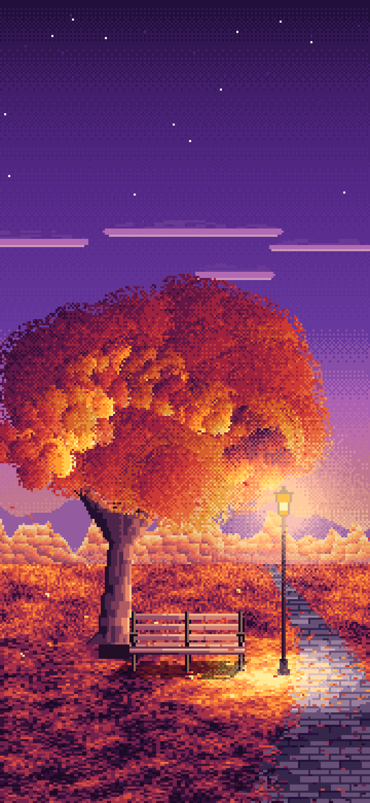 Dark Purple Pixel Art Fall Park Bench wallpaper for iPhone and Android