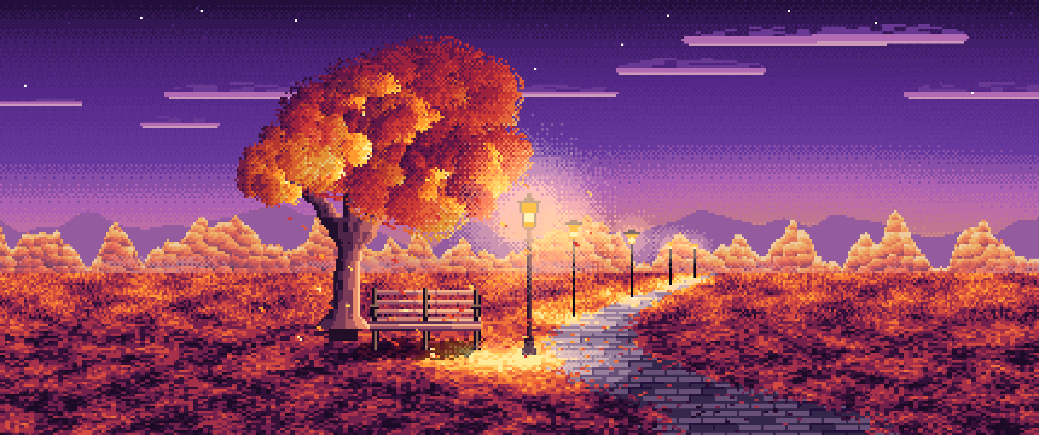 Dark Purple Pixel Art Fall Park Bench ultrawide wallpaper, 3440 × 1440