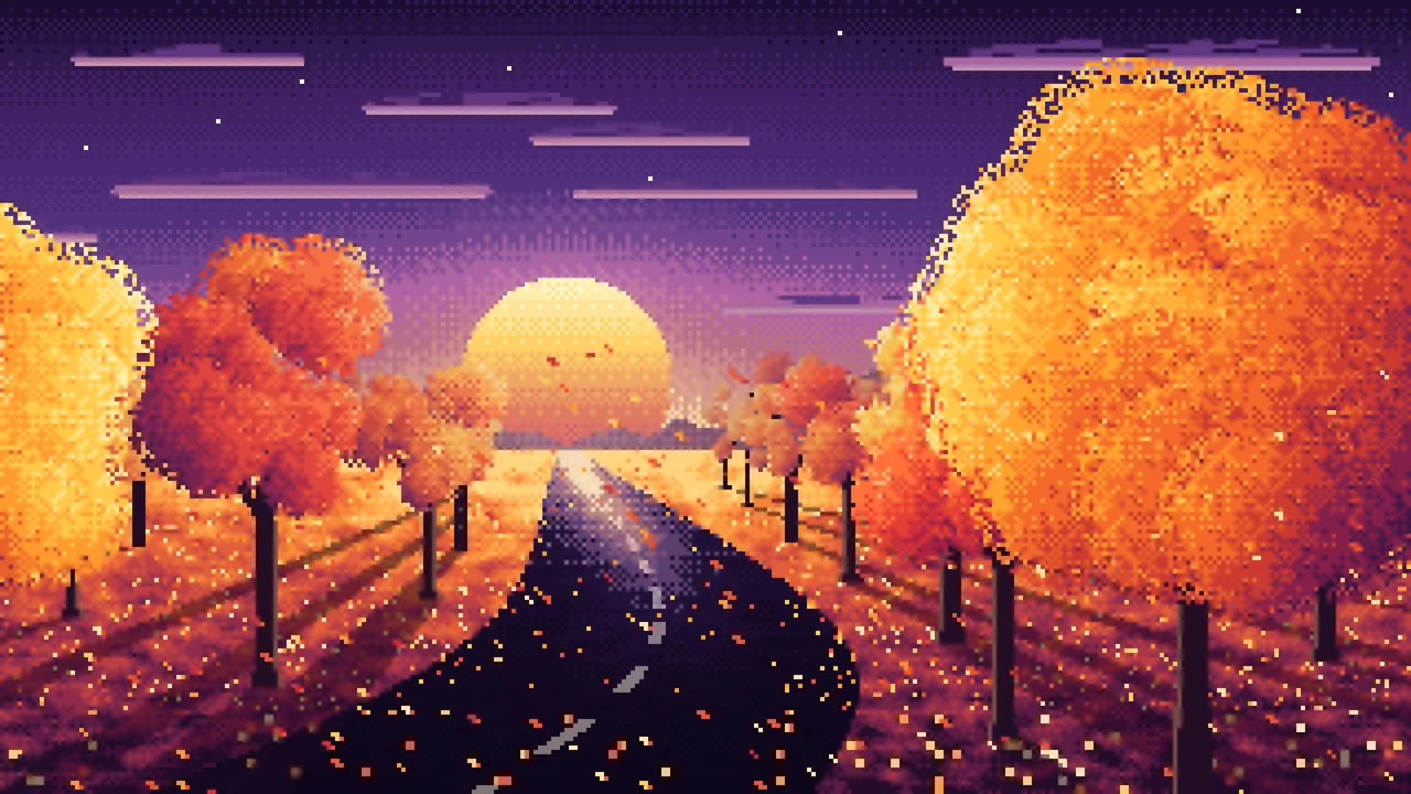 Dark Purple Pixel Art Fall Road at Sunset desktop wallpaper in 4K