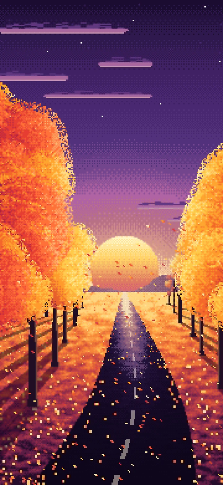 Dark Purple Pixel Art Fall Road at Sunset wallpaper for iPhone and Android