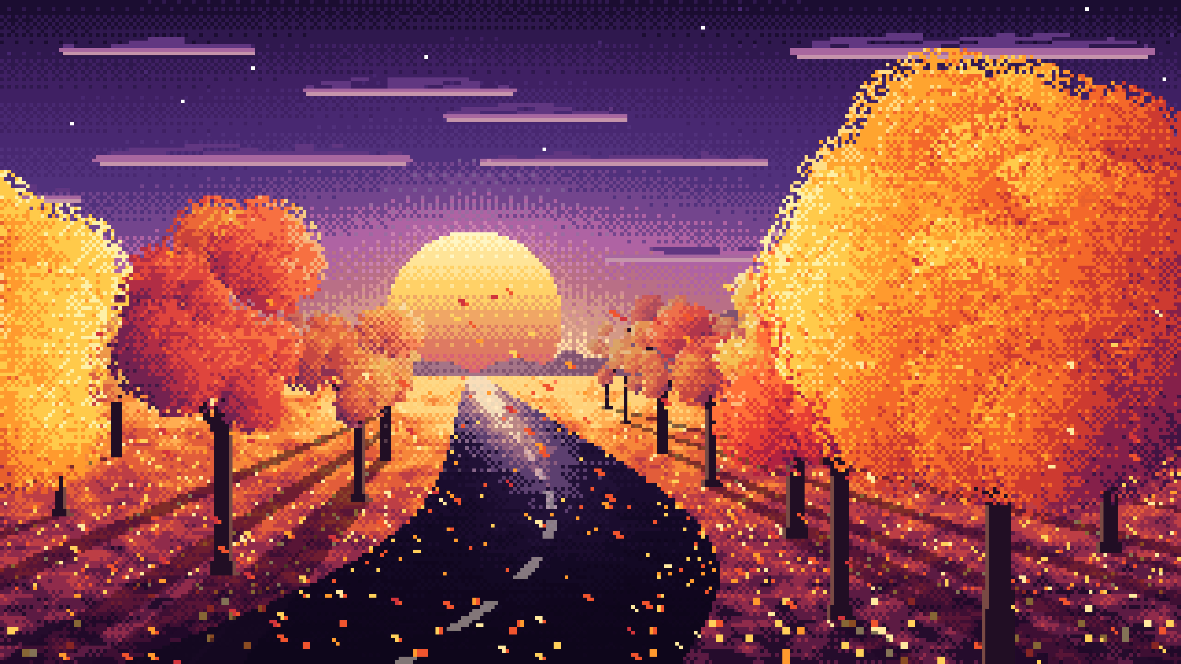 Dark Purple Pixel Art Fall Road at Sunset desktop wallpaper in 4K