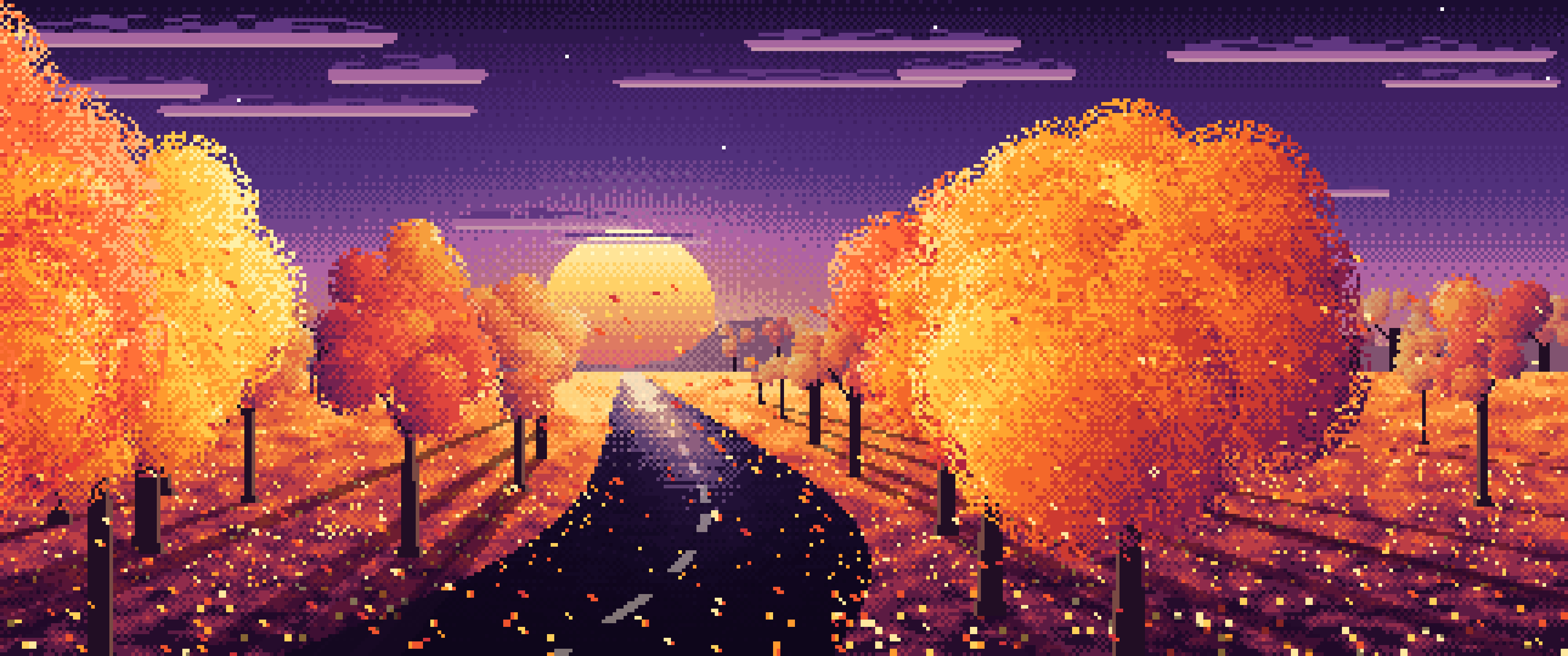 Dark Purple Pixel Art Fall Road at Sunset ultrawide wallpaper, 3440 × 1440
