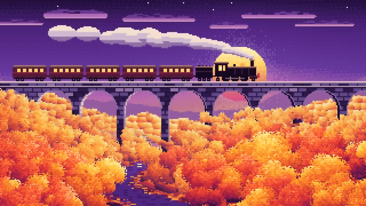 Dark Purple Pixel Art Fall Steam Train on a Viaduct desktop wallpaper in 4K