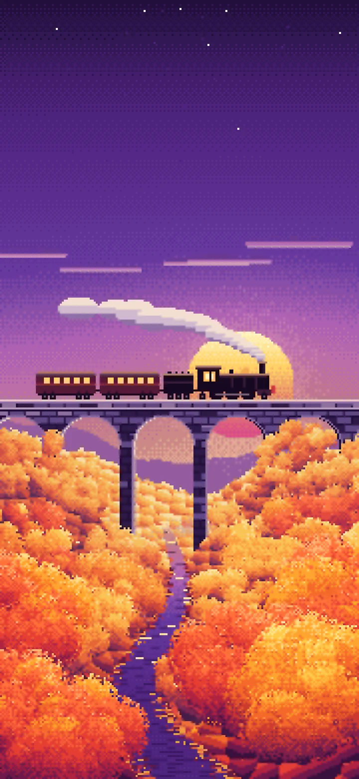 Dark Purple Pixel Art Fall Steam Train on a Viaduct wallpaper for iPhone and Android