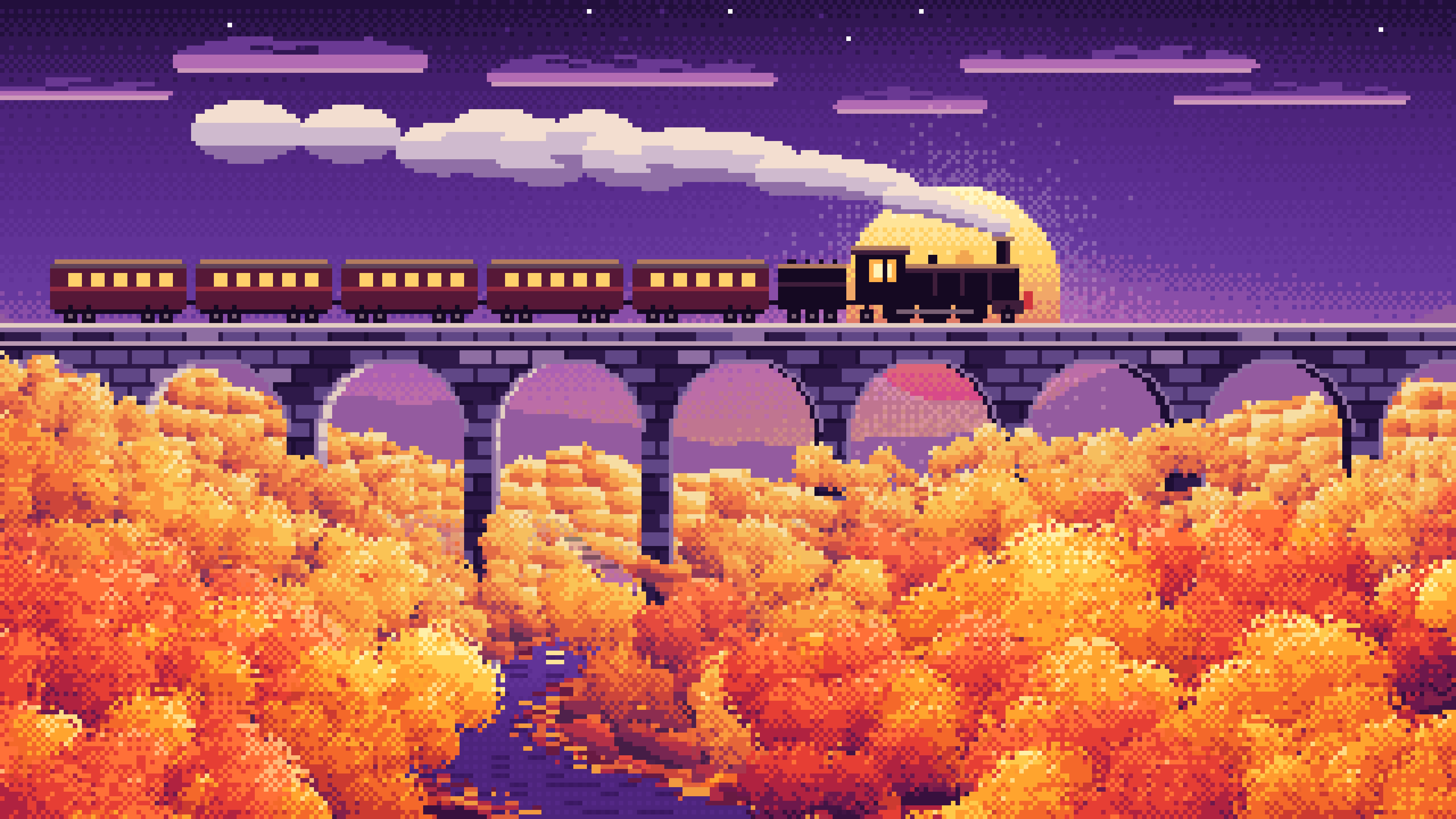 Dark Purple Pixel Art Fall Steam Train on a Viaduct desktop wallpaper in 4K