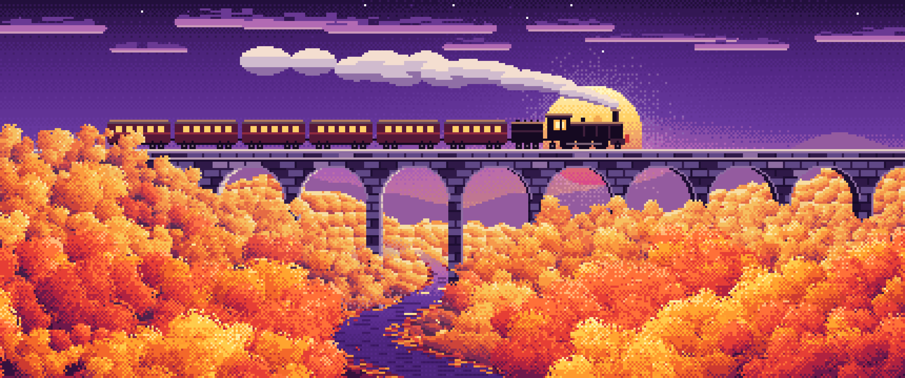 Dark Purple Pixel Art Fall Steam Train on a Viaduct ultrawide wallpaper, 3440 × 1440