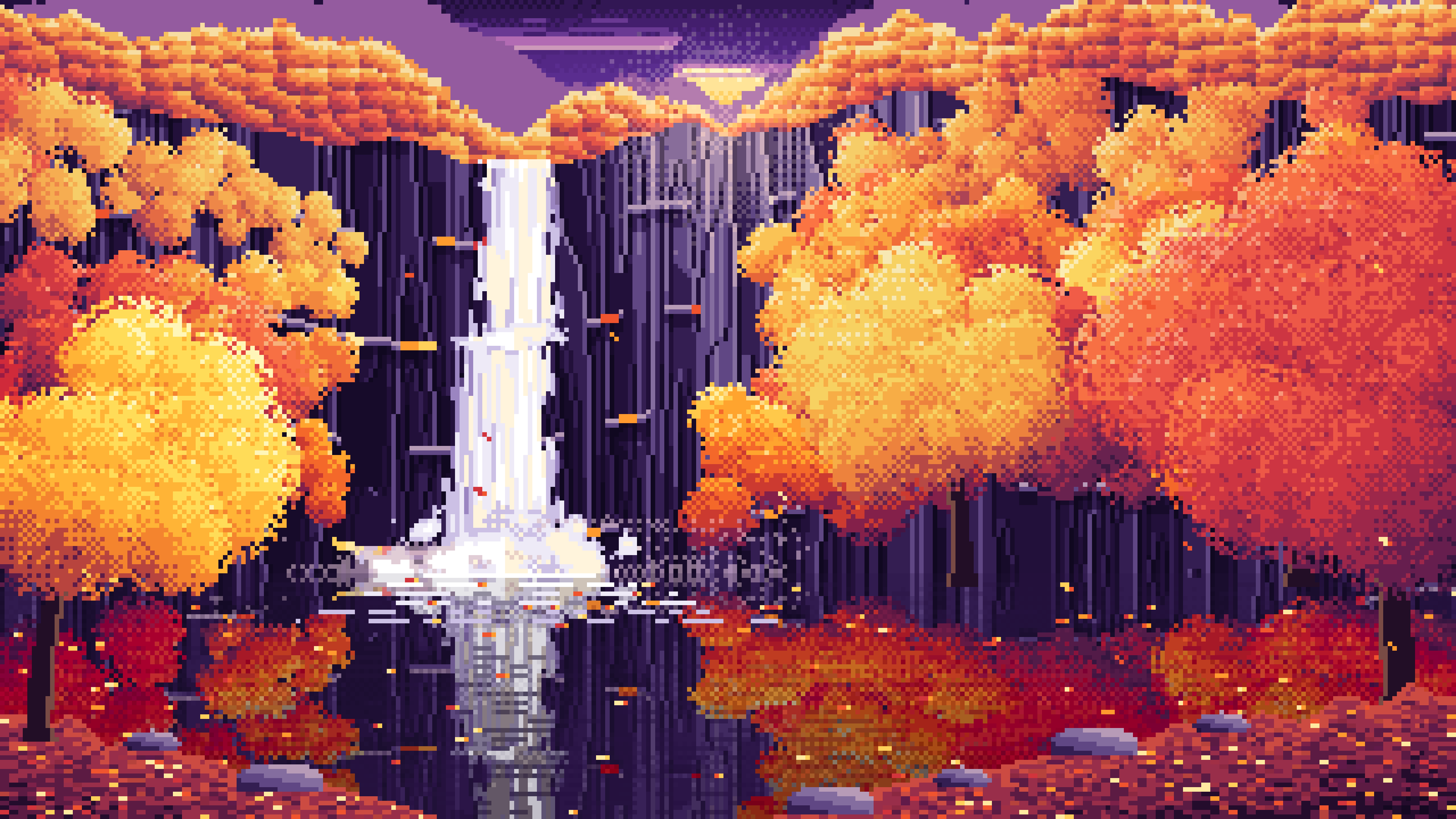 Dark Purple Pixel Art Fall Waterfall desktop wallpaper in 4K