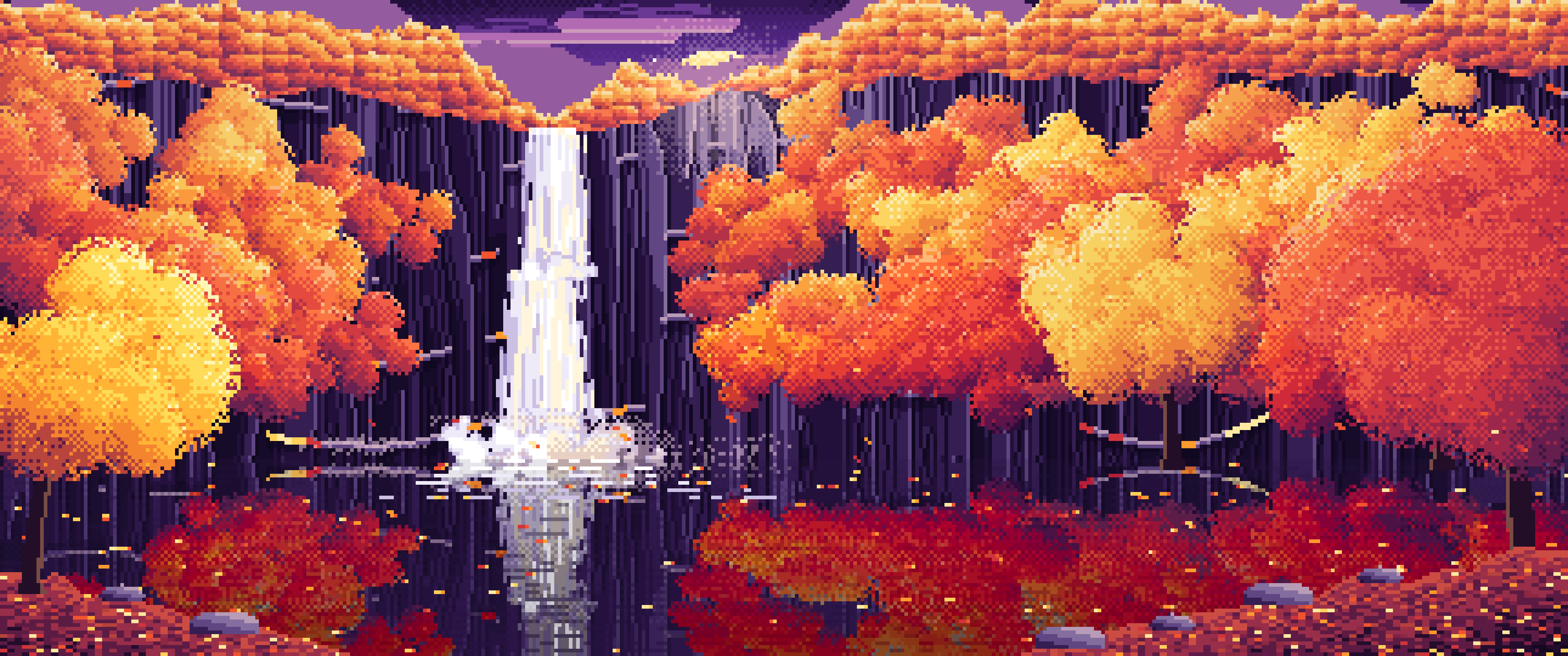 Dark Purple Pixel Art Fall Waterfall ultrawide wallpaper, 3440 × 1440