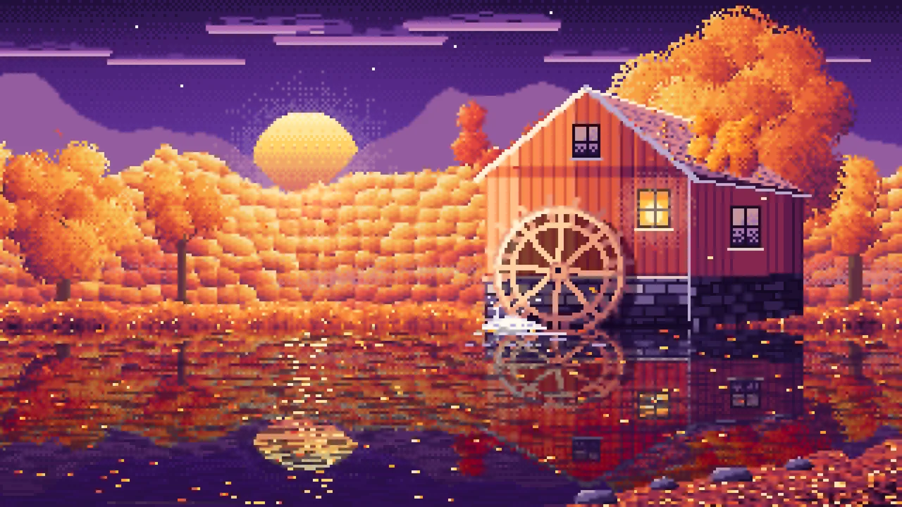 Dark Purple Pixel Art Fall Watermill by a Stream desktop wallpaper in 4K