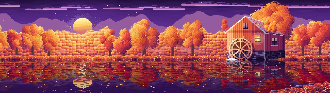 Dark Purple Pixel Art Fall Watermill by a Stream dual monitor wallpaper, 7680 × 2160