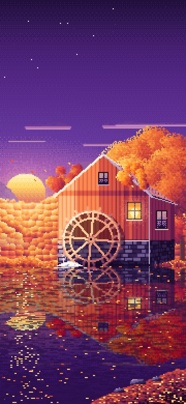 Dark Purple Pixel Art Fall Watermill by a Stream wallpaper for iPhone and Android