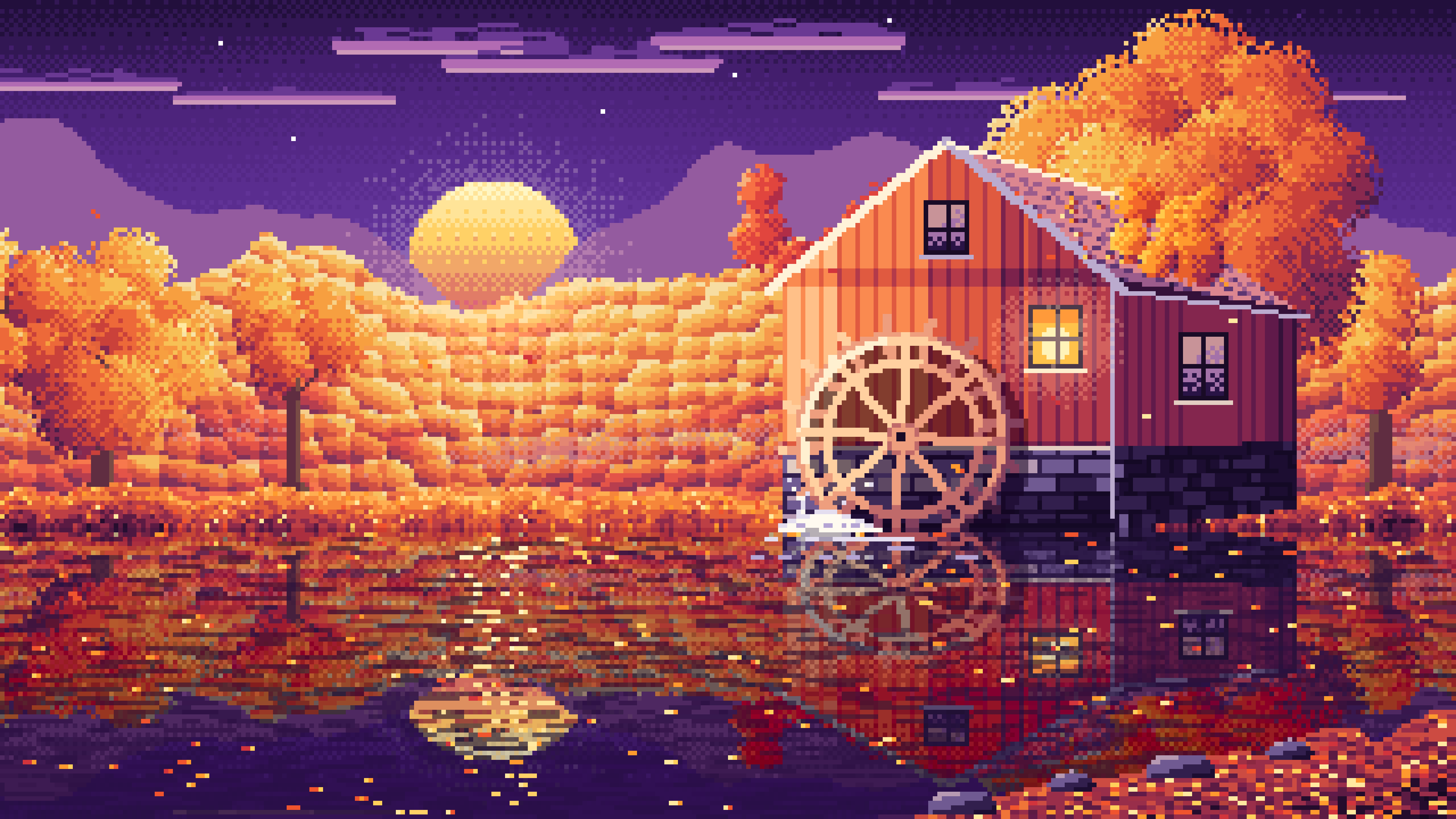 Dark Purple Pixel Art Fall Watermill by a Stream desktop wallpaper in 4K