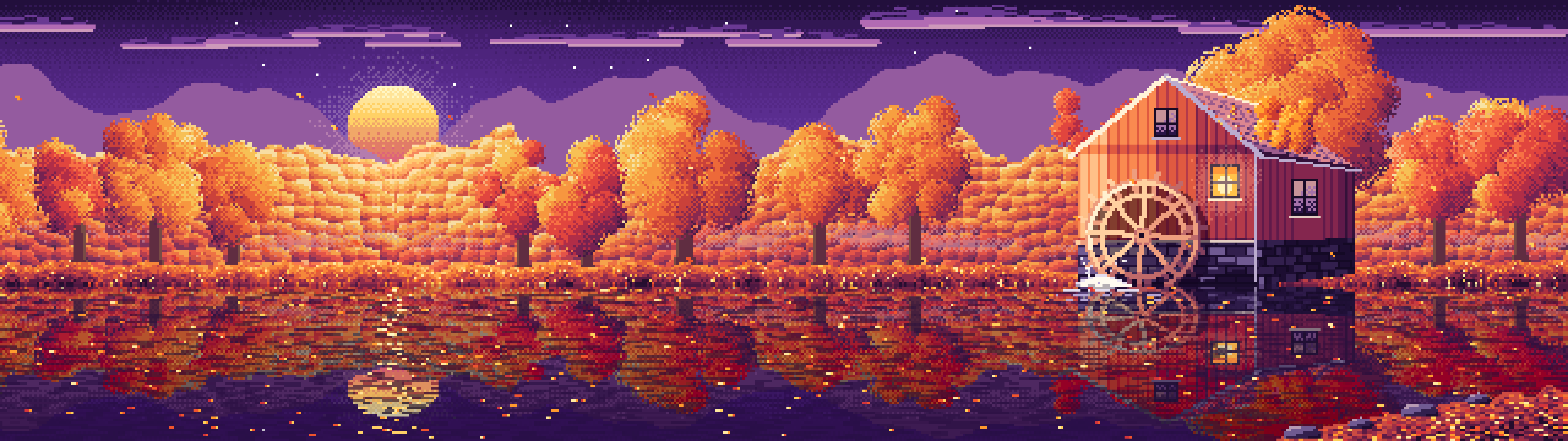 Dark Purple Pixel Art Fall Watermill by a Stream dual monitor wallpaper, 7680 × 2160