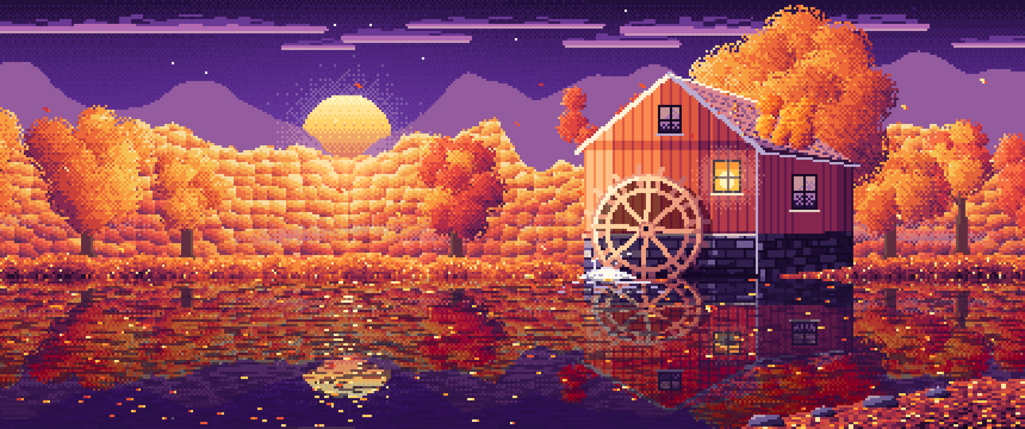 Dark Purple Pixel Art Fall Watermill by a Stream ultrawide wallpaper, 3440 × 1440