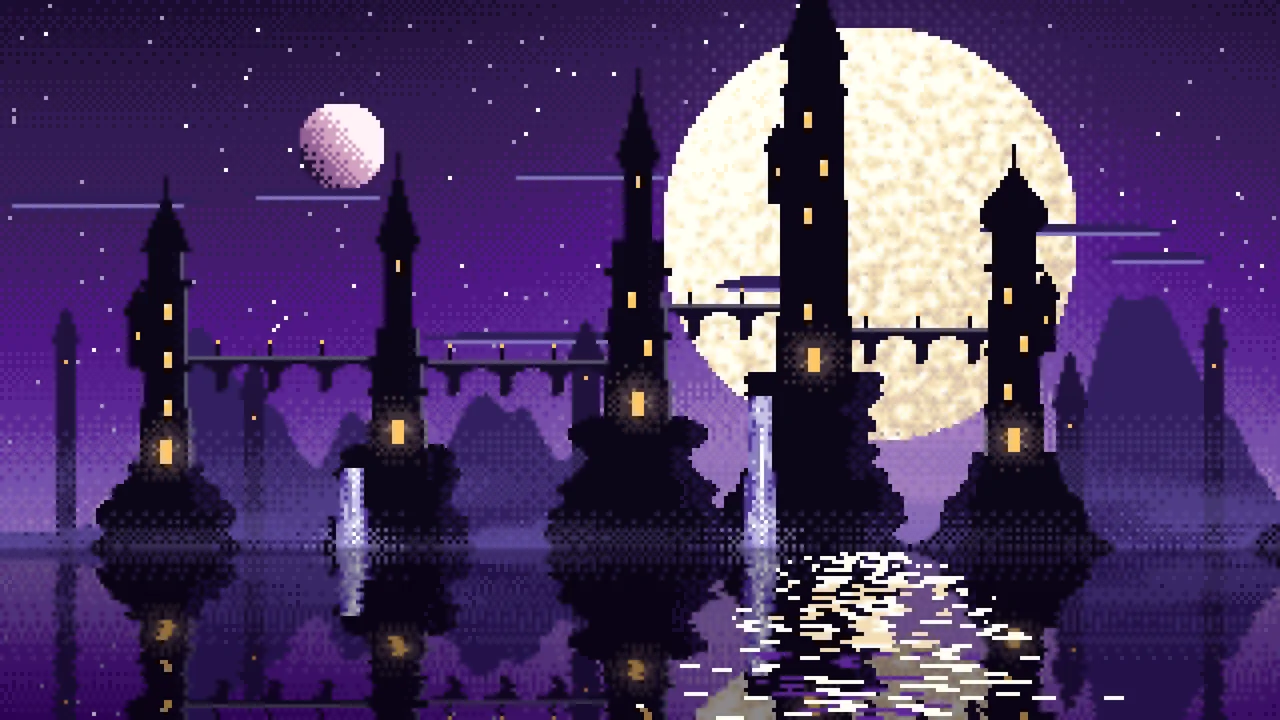 Dark Purple Pixel Art Fantasy City desktop wallpaper in 4K