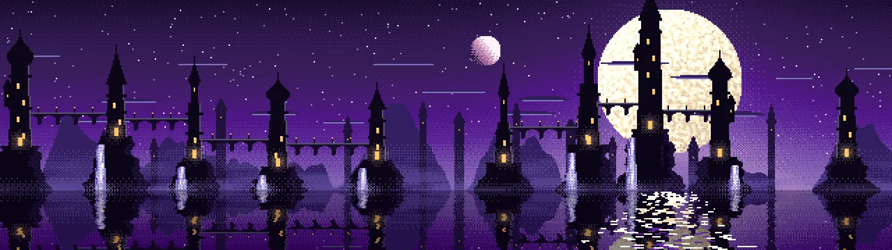 Dark Purple Pixel Art Fantasy City dual monitor wallpaper, 7680 × 2160