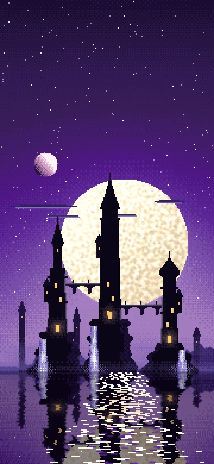 Dark Purple Pixel Art Fantasy City wallpaper for iPhone and Android