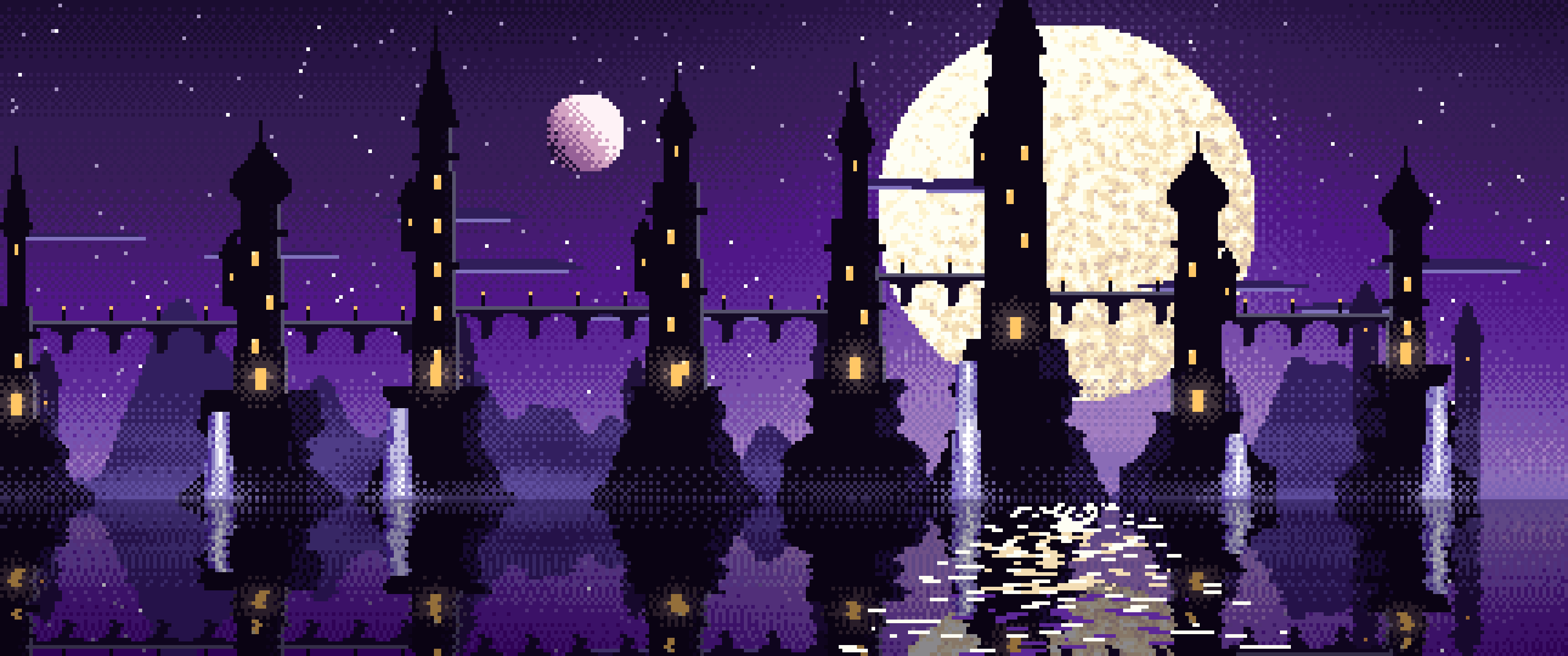 Dark Purple Pixel Art Fantasy City ultrawide wallpaper, 3440 × 1440
