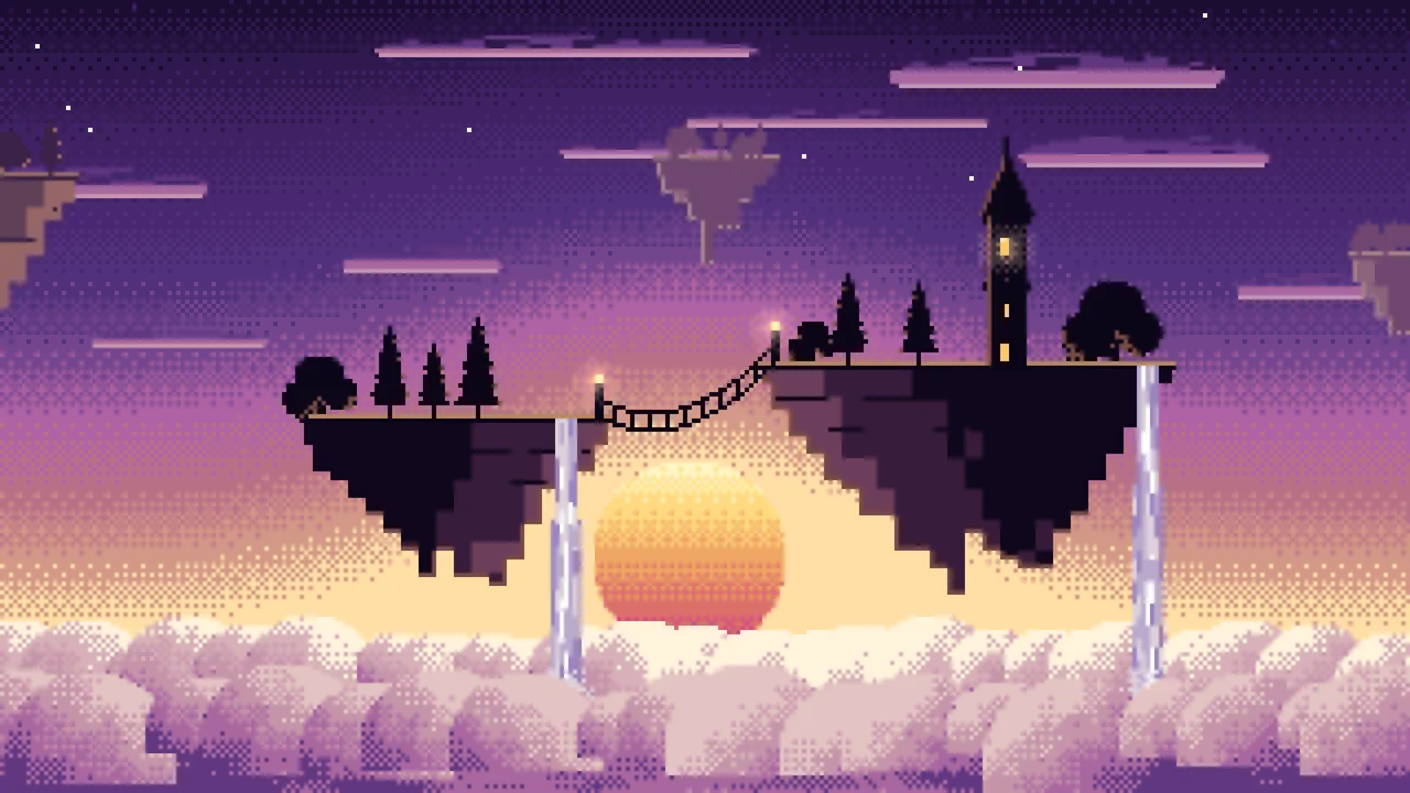 Dark Purple Pixel Art Fantasy Floating Islands at Sunset desktop wallpaper in 4K