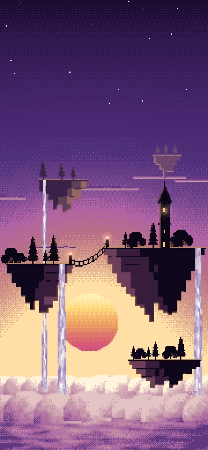 Dark Purple Pixel Art Fantasy Floating Islands at Sunset wallpaper for iPhone and Android